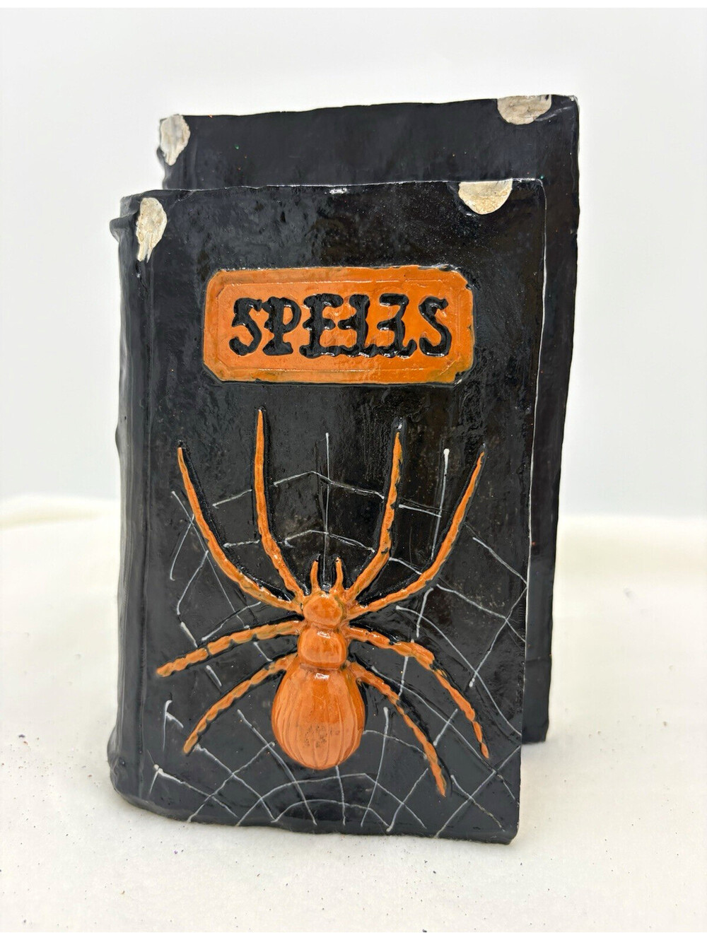 Halloween Decorative Book Stack "Spells" "Brews" "Potions" Spider & Web